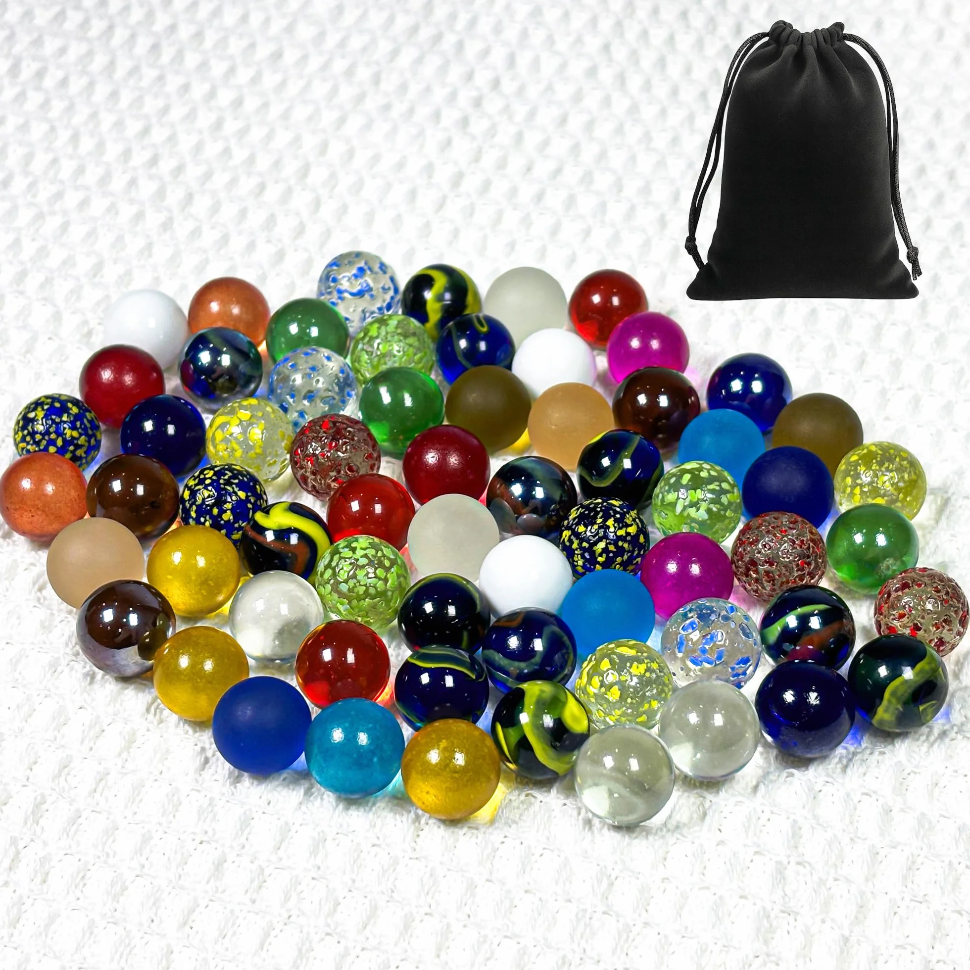 Juego de 70 bolas de cristal (16 mm x 60 - Pequeñas bolas de colores con motivos + 16 mm x 10 transparentes sin patrón), bolsa de almacenamiento para bolas de cristal, mezcla de bolas multicolores