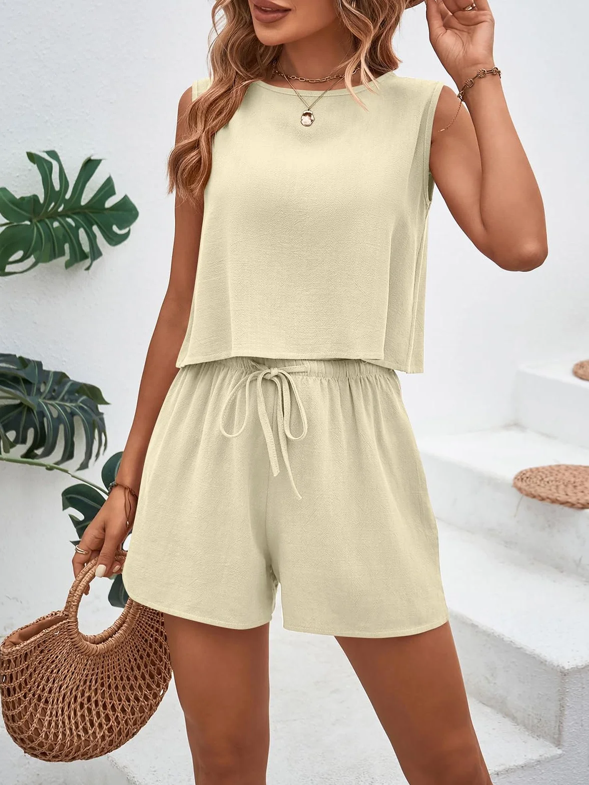 Chándales para Mujer Conjunto Deportivo de Verano sin Mangas Lino Chaleco Pantalones Cortos Cintura Alta