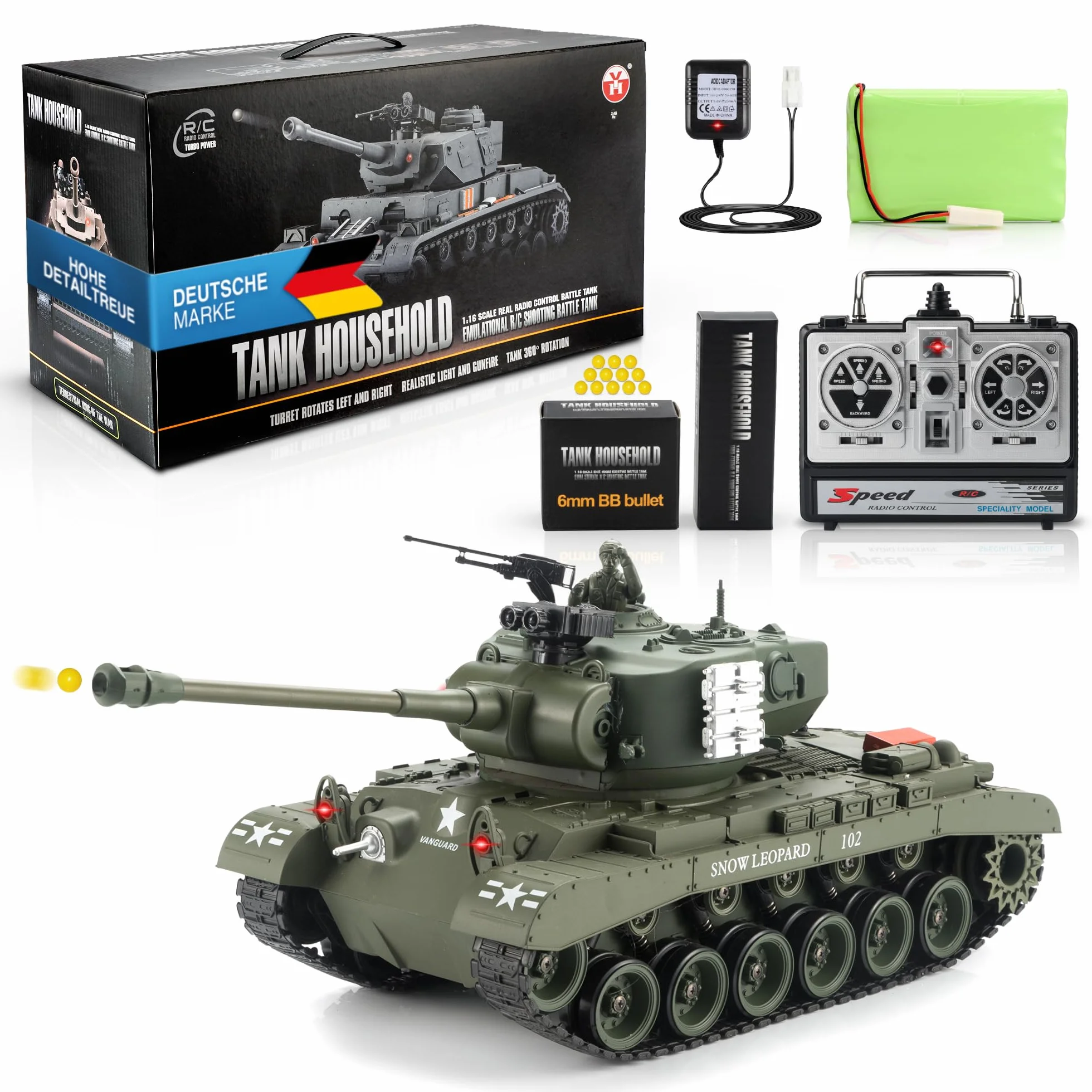GOODS+GADGETS Tanque RC Alemán Tiger I 2.4GHz R/C Modelo a Escala 1:16 con función de Disparo, Sonido - RTR (Pershing Snow Leopard)