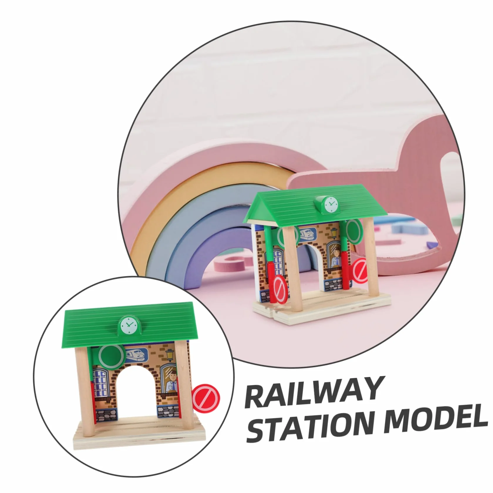 Toyvian Accesorio Superficie Pulida y Resistente de Estación de Tren de Juguete de Madera para Juegos Infantiles en Interiores y Exteriores