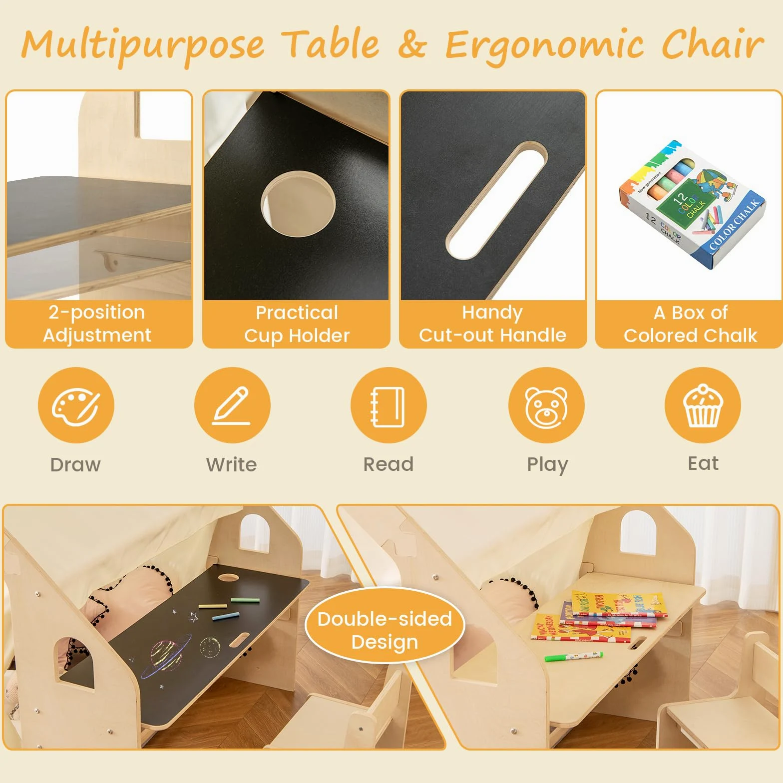 HOMASIS 5 en 1 Tienda de Campaña Infantil con Mesa y Silla, Tipi Infantil con Alfombrilla y Pizarra y Caja de Almacenamiento y Caja de tizas, para Niños de 2-6 Años (con 6 Caja)