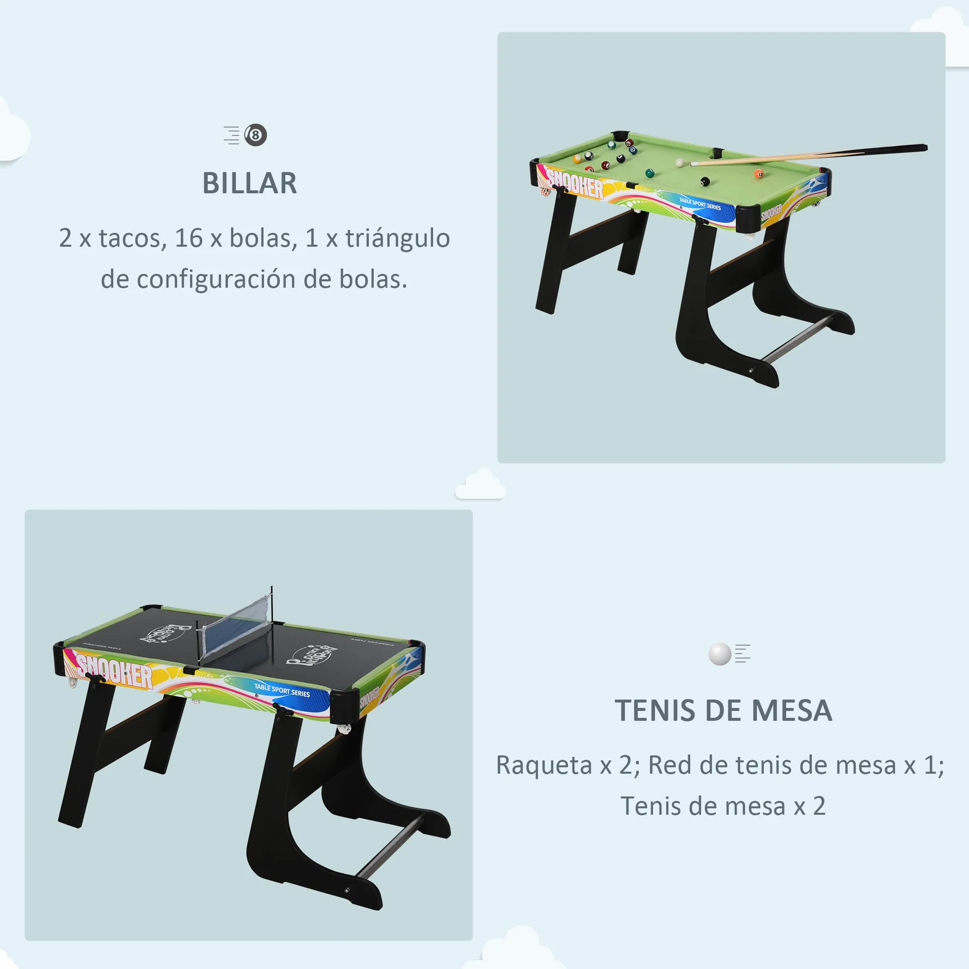 HOMCOM Mesa Multi Juegos Plegable 4 en 1 con Futbolín, Hockey, Billar y Ping-Pong, Mesa de Juegos de Sobremesa con Accesorios Incluidos, Diversión en Casa, 86,5x43,5x64 cm