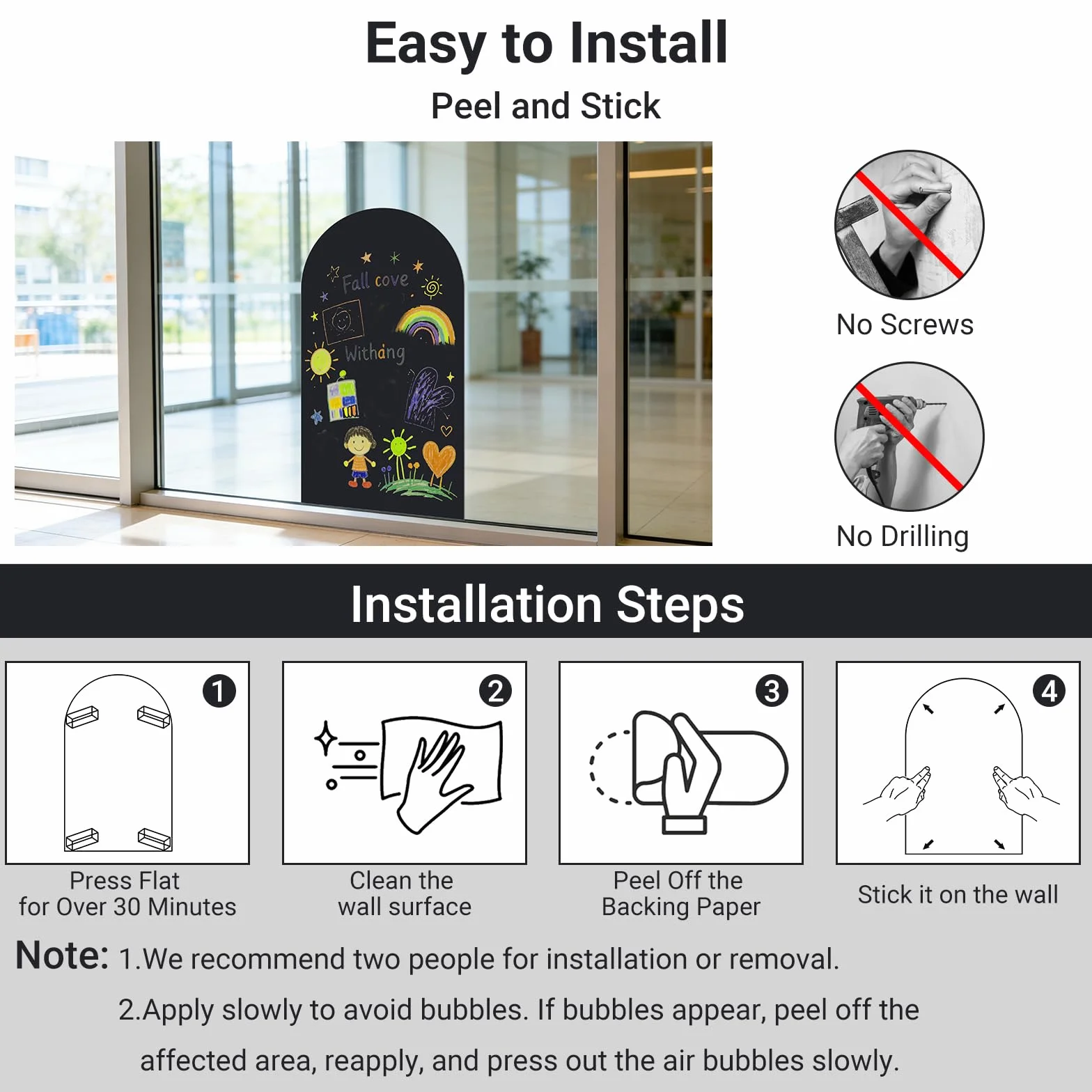 Pizarra Magnética Adhesiva de Pared Diseño Arco 80 x 40 cm – Pizarra Negra Borrable en Seco con Superficie Magnética, Incluye Tizas, Imanes y Paño – Hogar, Escuela y Oficina (Negro)