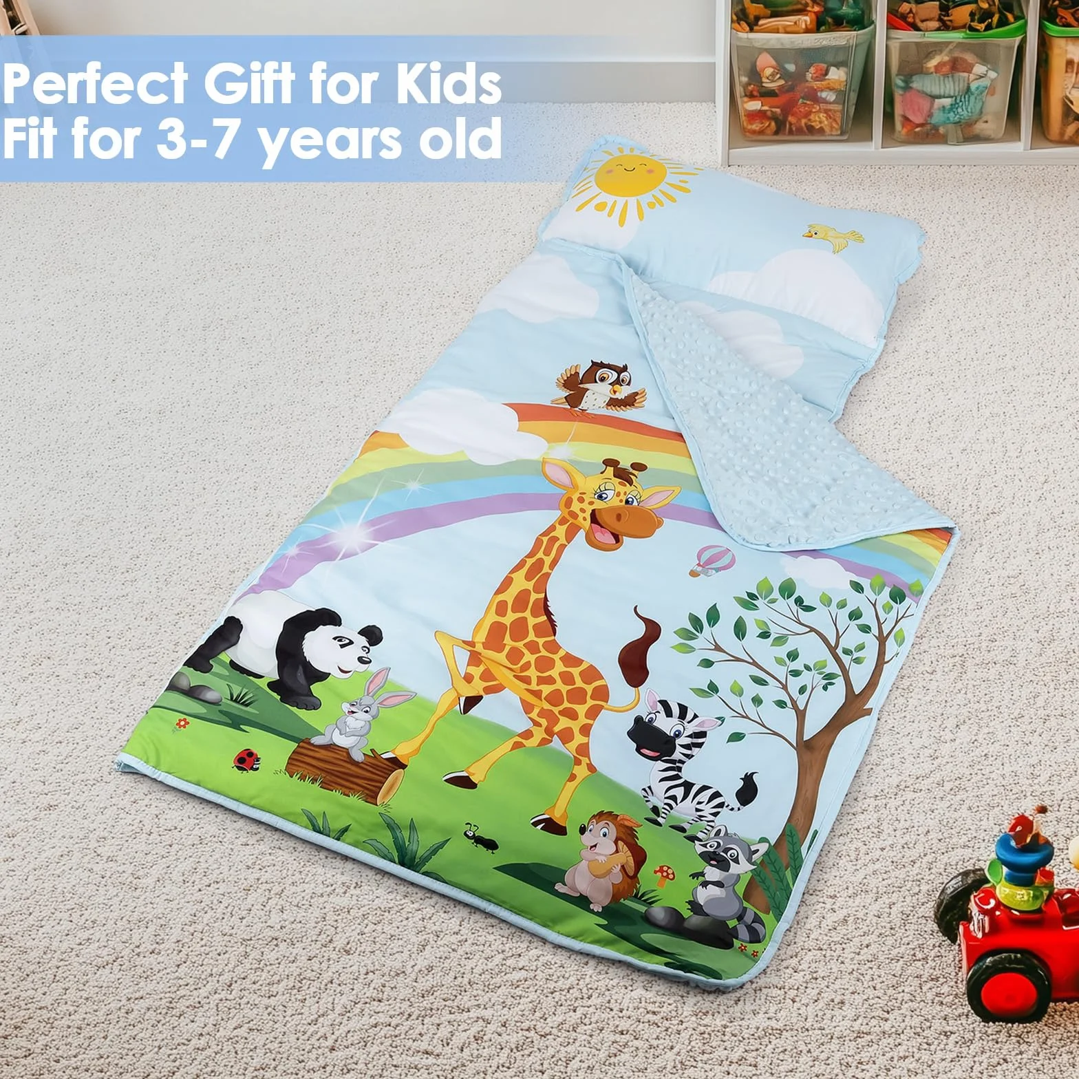 Saco de Dormir para Niños con Almohada y Manta Extra Gruesa Grande 2 en 1, Alfombrilla de Siesta para Niñas y Niños, Bolsa de Dormir Bebés para Preescolar Viajes Camping, Arco Iris Animal