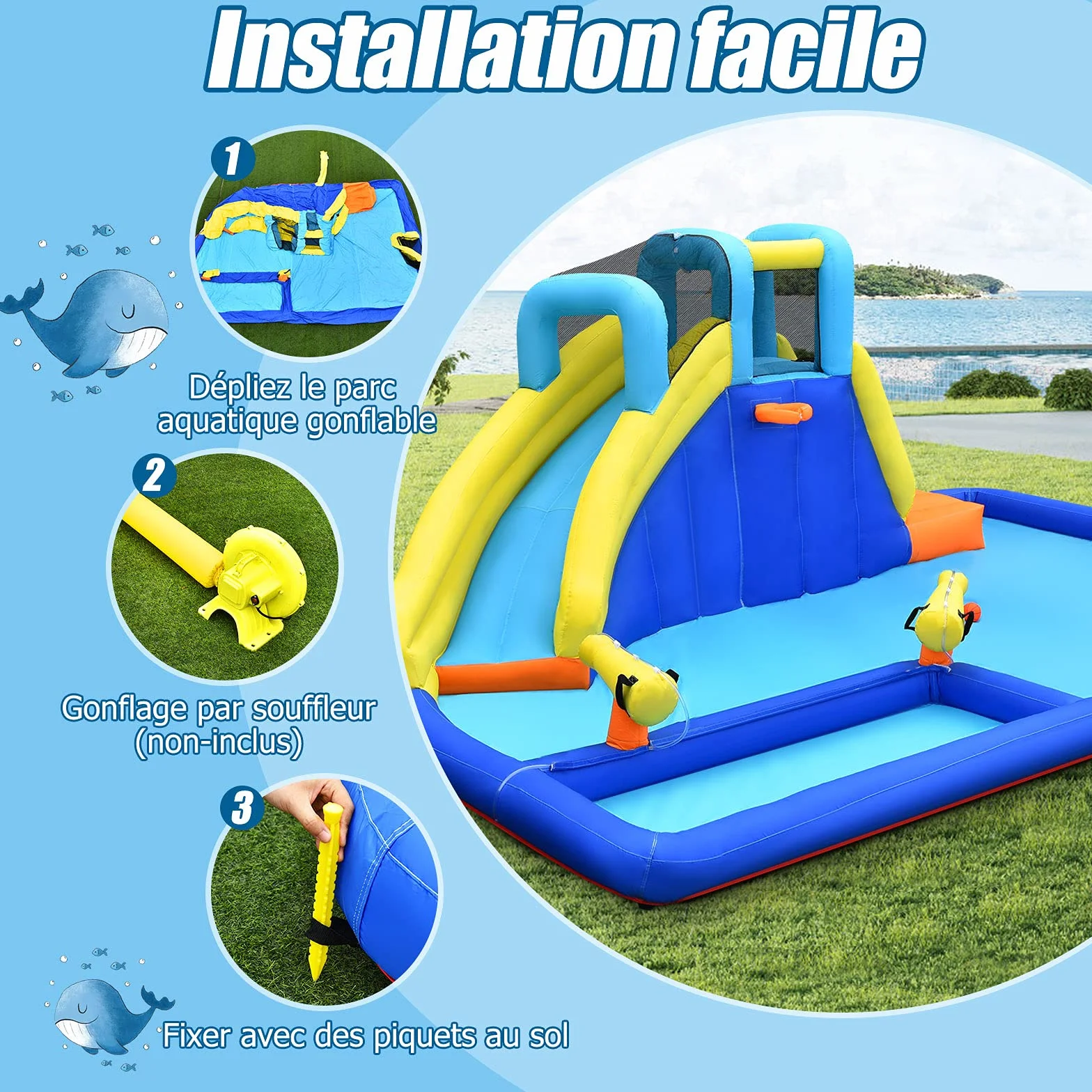 GOPLUS - Castillo hinchable con tobogán y pistola de agua, zona de juegos acuática con entretenimiento múltiple, ideal para niños mayores de 3 años (con soplador de 680 W)
