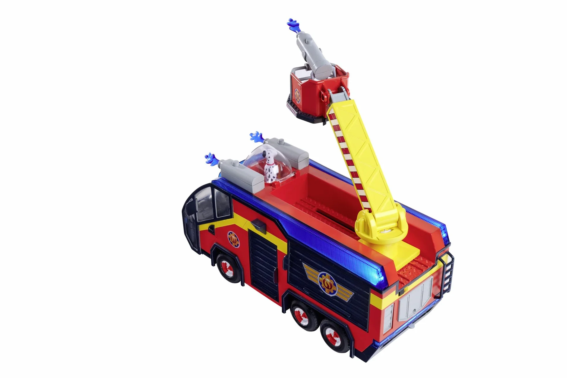 Simba 109252595 Figura de Júpiter Bombero, camión de Bomberos, Sam y Radar, Efectos de luz, Sirena, Escalera giratoria, Flechas de Agua, Plataforma para Quad, 32 cm, Accesorios, a Partir de 3 años
