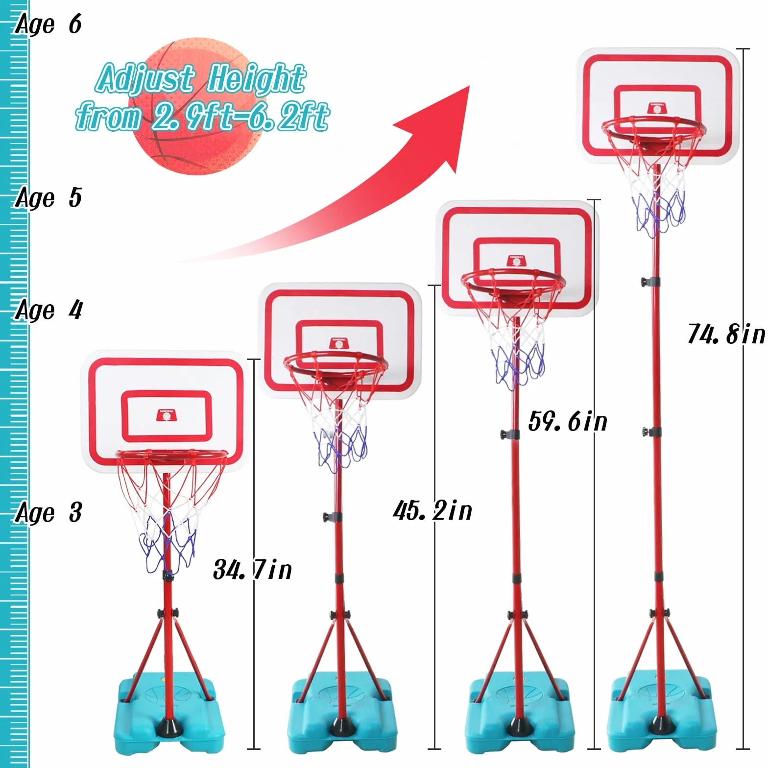 TONZE Canastas Baloncesto Infantiles Exterior Interior Altura Ajustable Balon Baloncesto Regalos Cumpleaños Infantil Regalos para Niños Juguetes Niños 3 4 5 6 Años,88cm a 190cm