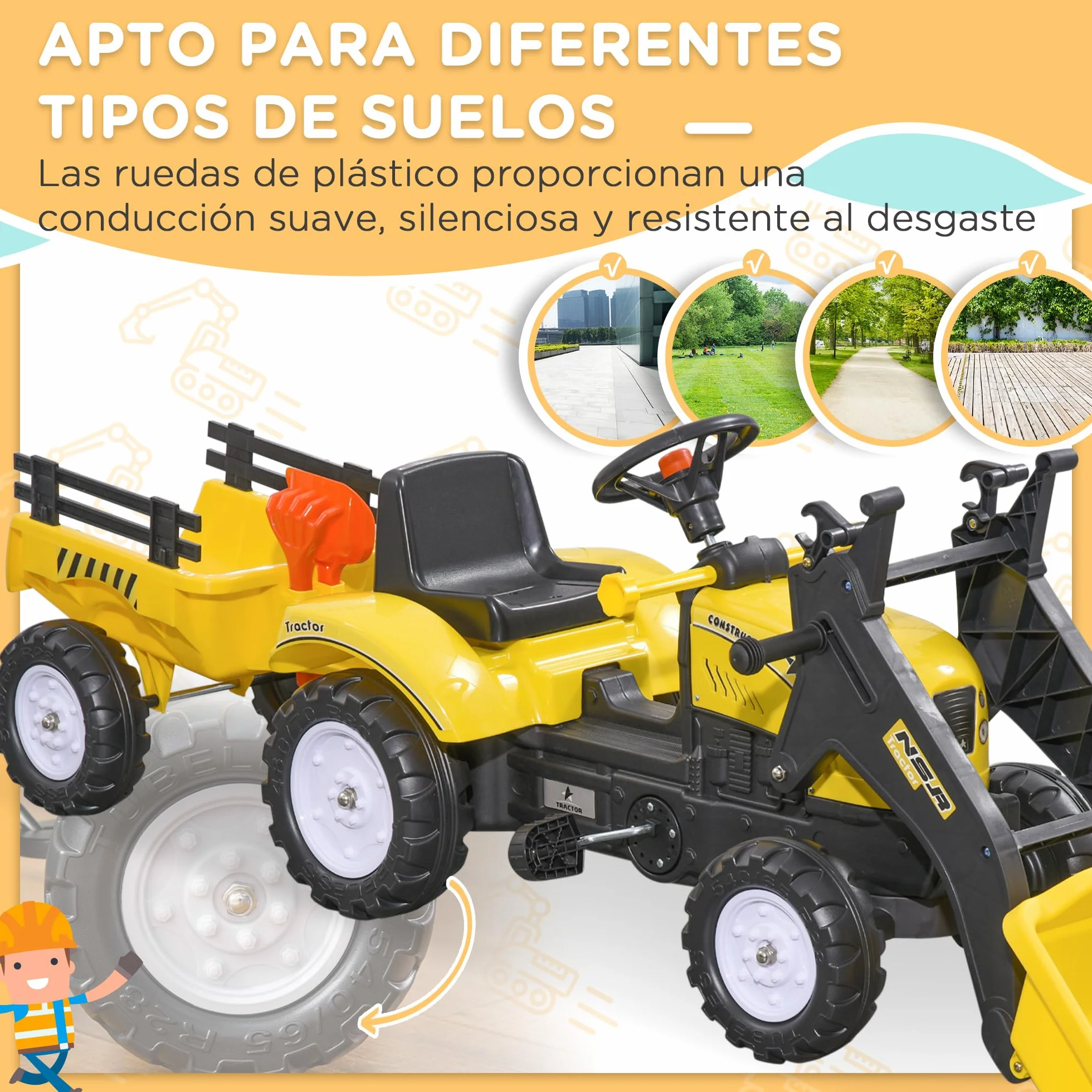 HOMCOM Tractor a Pedales para Niños de 3 Años Excavadora Infantil Juguete de Montar con Remolque Extraíble y Pala Delantera Carga 35 kg 167x41x52 cm Amarillo