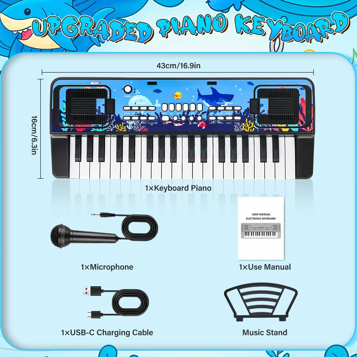 Infantil Piano Teclado 37 Teclas con Microfono y Atril – Portátil Juguete Musical para 3 4 5 6 Años Principiante Niños y Niñas, Regalos Navidad Cumpleaños, Negro