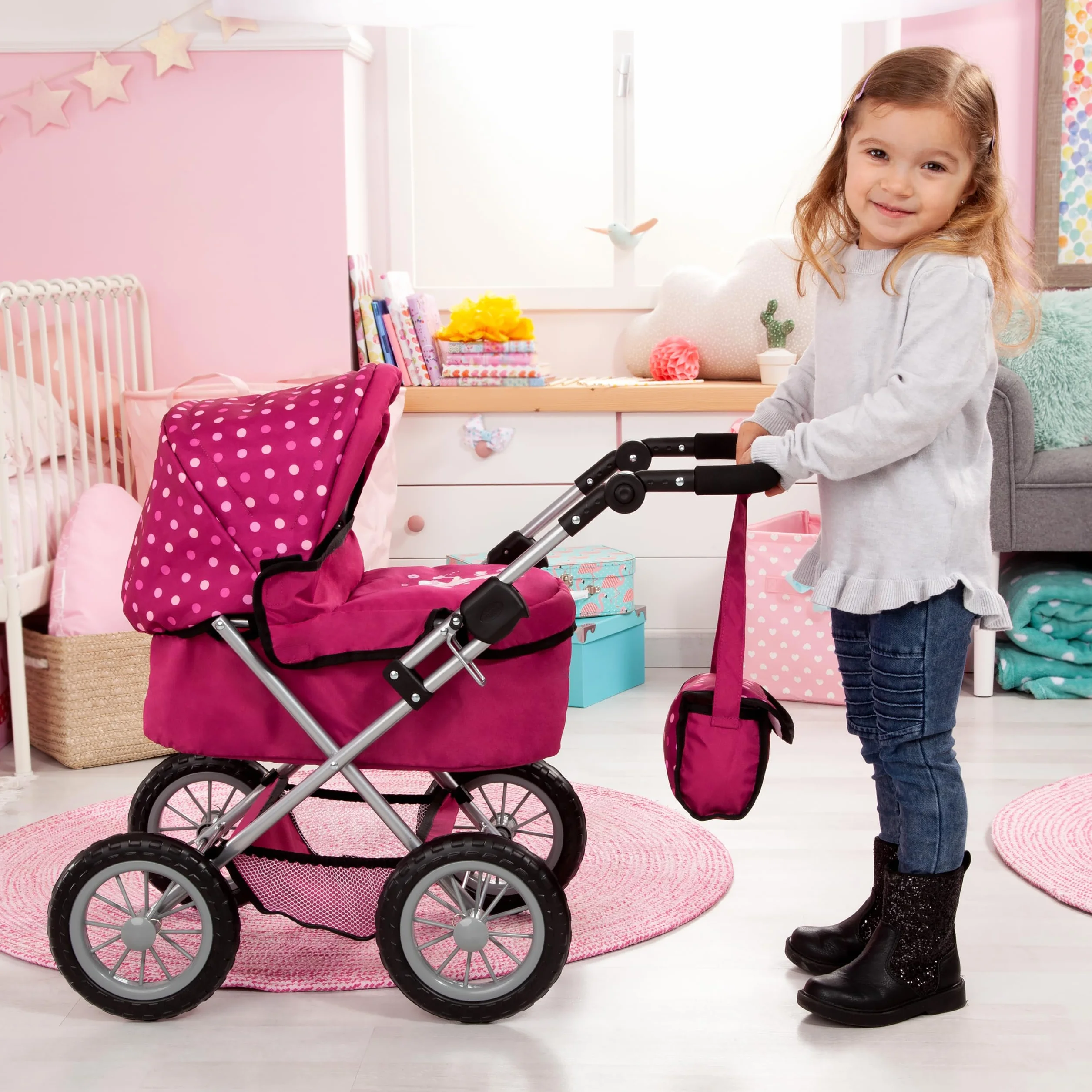 Bayer Design 13067Aa, Cochecito, Carro Muñecas Trendy, Combolsa, Plegable, Ajustable, Rojo, Hadas, Color Motivo