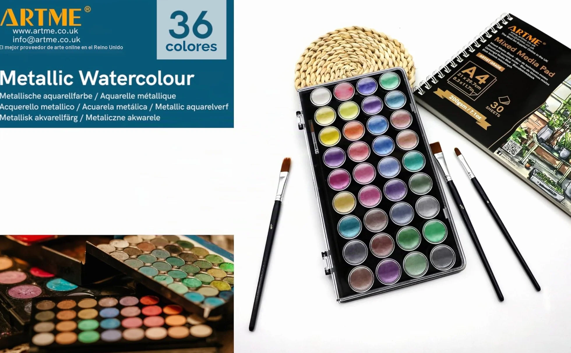 Artme Acuarelas/Paletas metálicas para pasteles de pintura de acuarela con un pincel de artista, 36 colores vibrantes