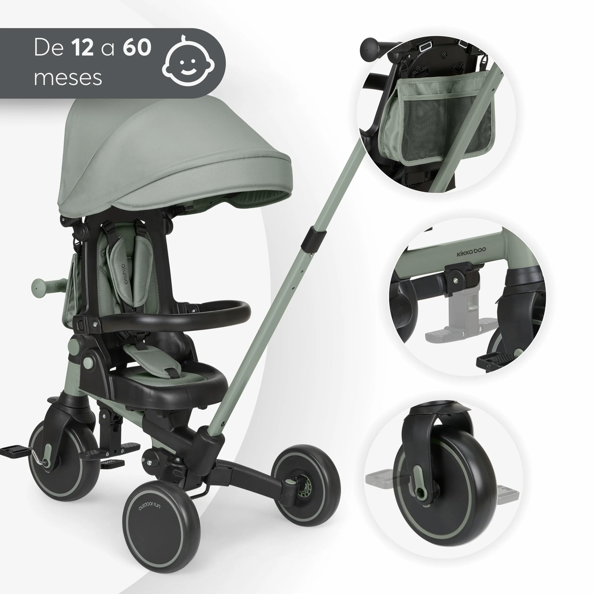 KikkaBoo Triciclo Evolutivo ALUMA 8 en 1, Triciclo Bebé Plegable con Manillar Padres, Asiento Reversible, Capota Ajustable, Arnés 5 Puntos, Marco Aluminio, Verde