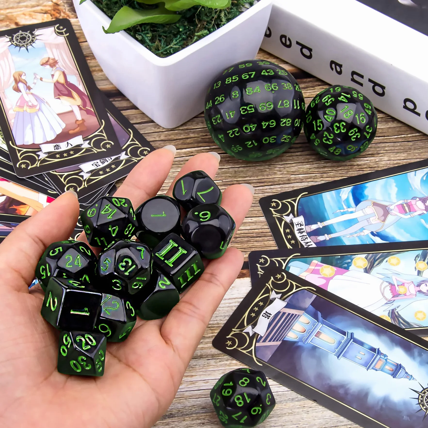 SIQUK 15 Piezas Dados Poliédricos D3-D100 para DND RPG, Negro y Verde