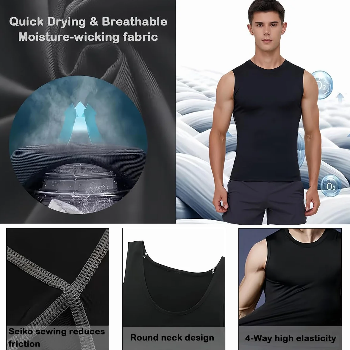 Camiseta de Compresión sin Mangas para Hombre Deportiva Transpirable Secado Rápido para Correr Jogging Fitness