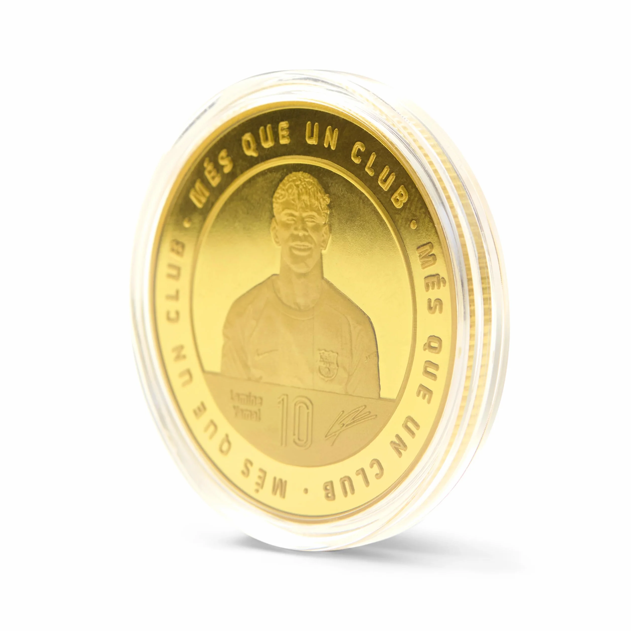 FC Barcelona - Moneda edición Especial con Escudo y Retrato en Relieve de Lamine Yamal, acompañado del número 10 y su Firma grabada - Coleccionable - Dorada - Producto Oficial