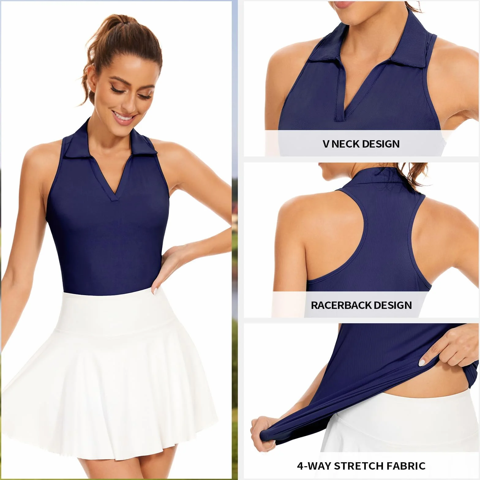 Soneven Polo Mujer Cuello en V Manga Corta Sin Mangas Camisetas Deportivas Ribbed Transpirable Secado Rápido Golf Tenis