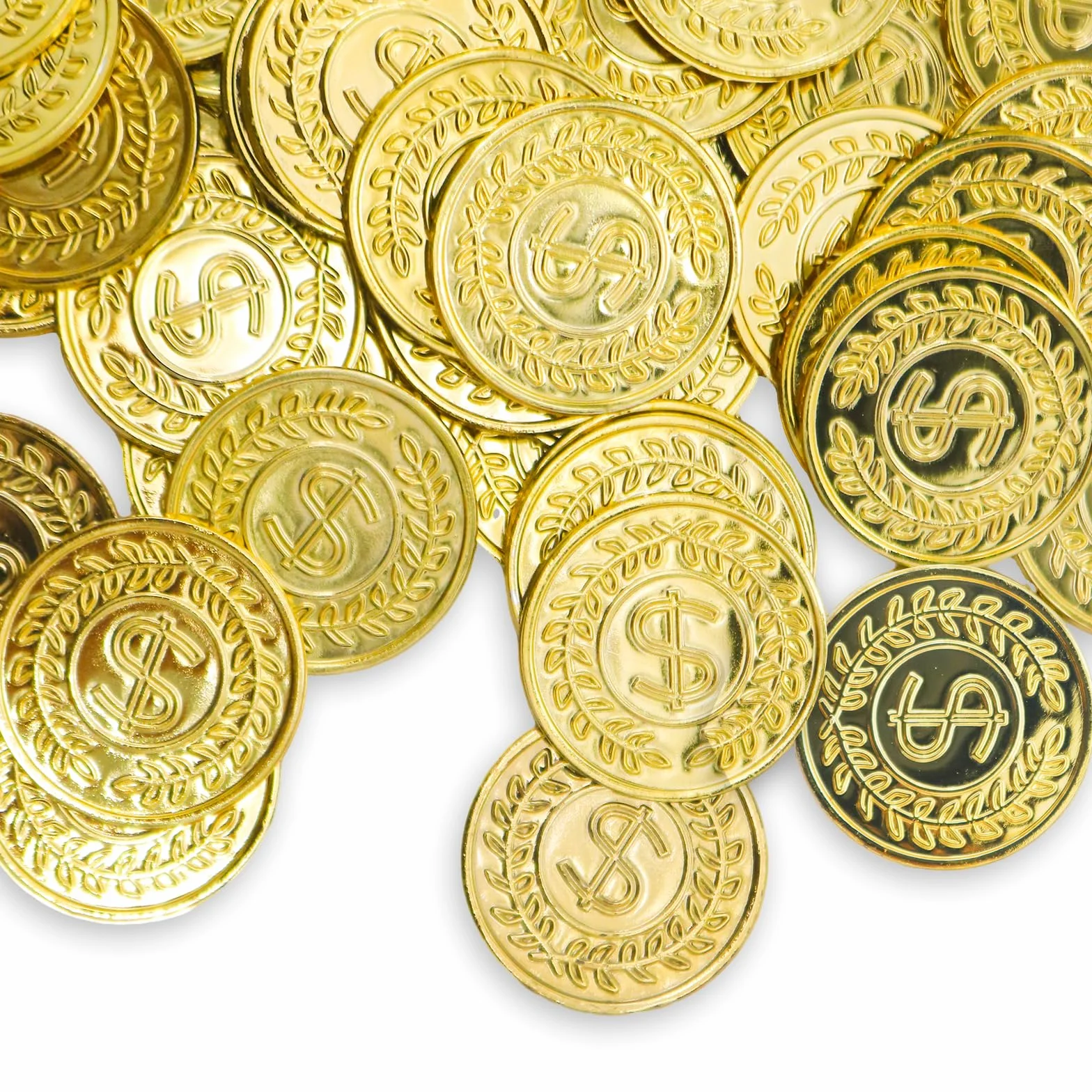 soitzhoc 100 piezas monedas de plastico，dinero de juguete，monedas de oro falsas,monedas juguete，monedas de oro de juguete para la caza del tesoro y los regalos de fiestas