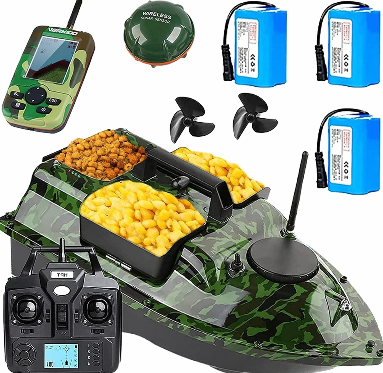 barco de Pesca Inteligente con Posicionamiento GPS, cebador carpfishing con 3 contenedores de Cebo y luz Nocturna, adecuado para la Pesca Nocturna