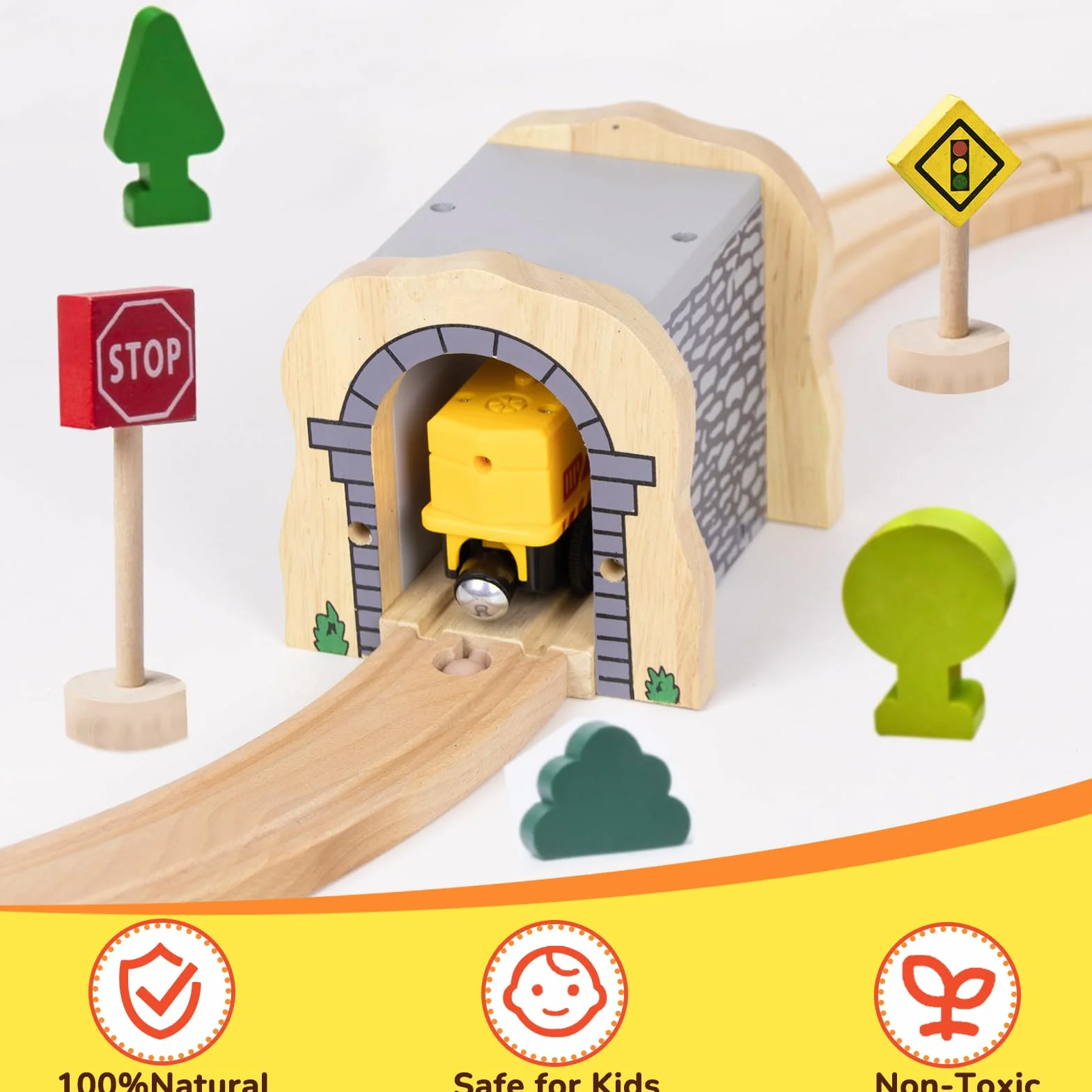 Accesorios de tren de madera para niños a partir de 3 años, túnel de piedra gris