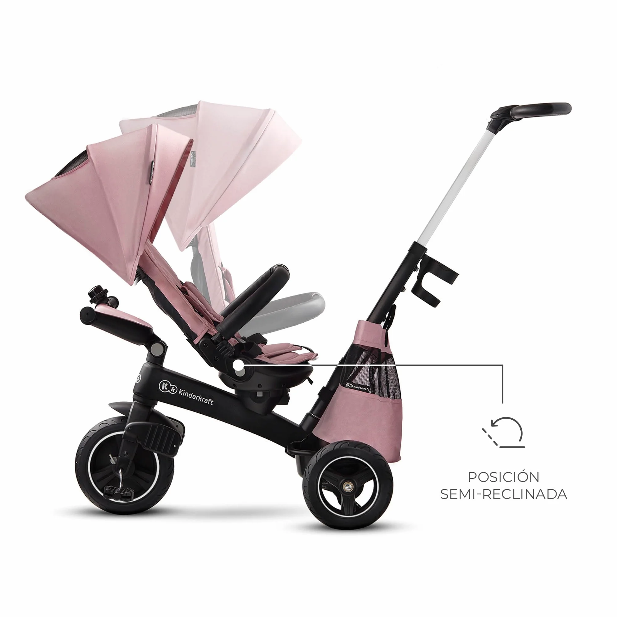 Kinderkraft EASYTWIST Triciclo Infantil, con Accesorios, Ventana de Techo, Cinturones de Seguridad, rotación de 360 Grados, Rueda Libre, Barra de Empuje, a Partir de 9 Meses hasta 5 años, Rosa
