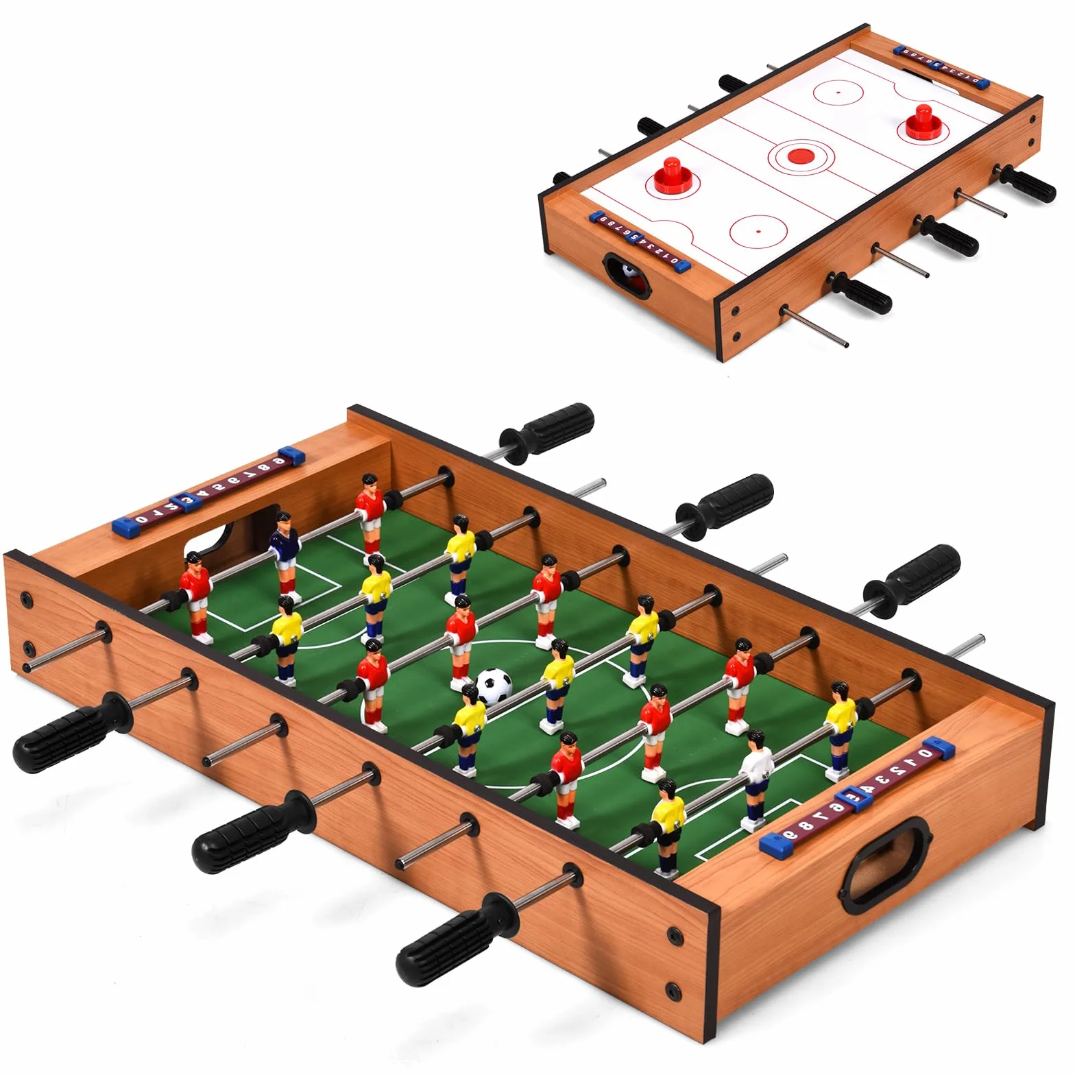 HOMASIS Mesa multijuegos de Madera para niños, Mesa de futbolín y Air Hockey con Asas duraderas, Mesa de Juego de fútbol para el hogar, Bar, Oficina, para niños de 4+ años, 69x36x10cm, Multicolor