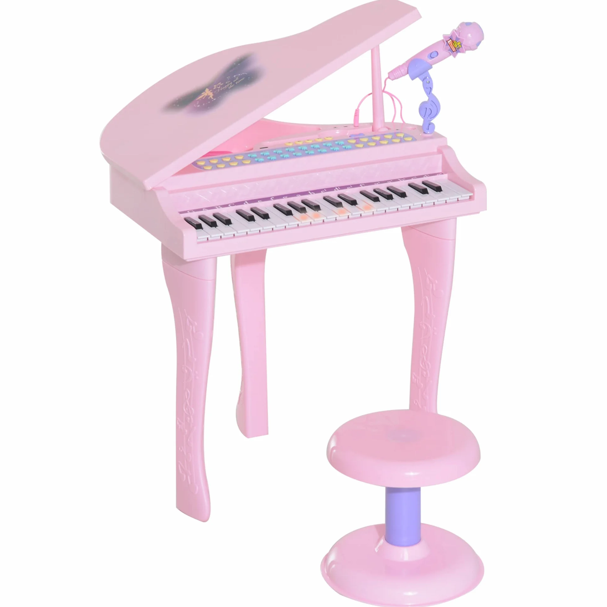 HOMCOM Piano Infantil 37 Teclas Teclado Electrónico Piano para Niños con Micrófono Taburete Luces y 22 Canciones USB/MP3 Karaoke Modo de Enseñanza Rosa