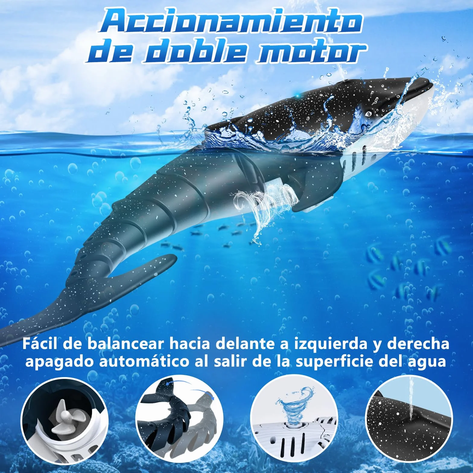 IEEILULU Ballena Teledirigido, 2.4GHz RC Barco Con USB, Lancha Simulación Recargable, Juguete Acuático, Eléctrico Regalo Para Niños Mayores de 6+ Años Piscina
