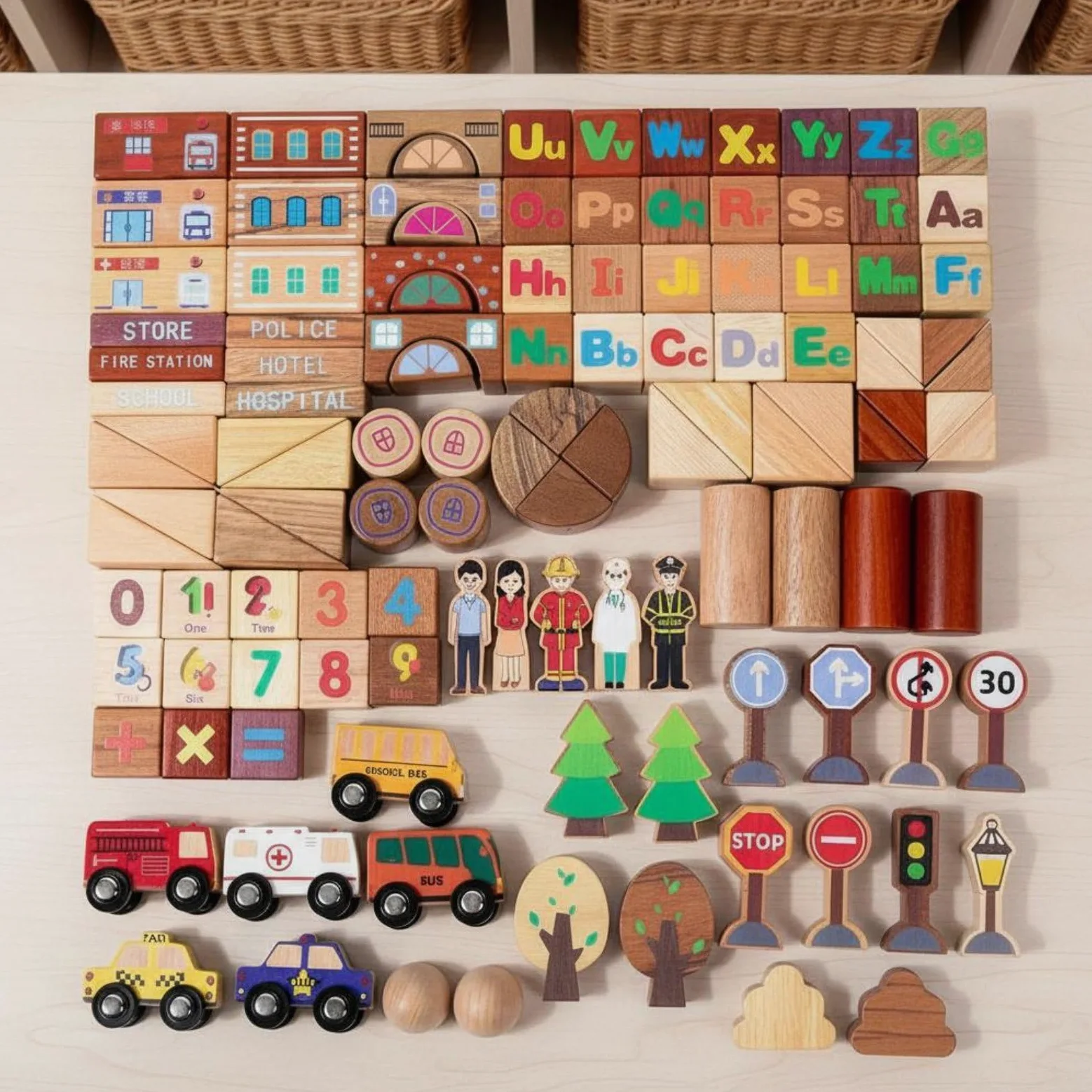 Amagogo 118 Piezas Bloques de Construcción Infantiles Bloques Apilables Juego Educativo Juguete de Madera Ciudad para Construir Reconocimiento de Letras