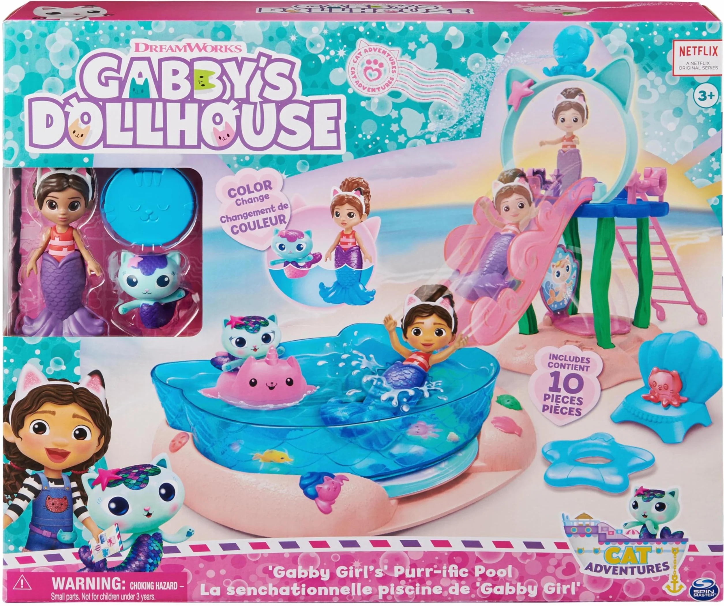 LA CASA DE MUÑECAS DE GABBY - Piscina con Figura de Gabby y Siregata, Colas de Sirena que Cambian de Color y Accesorios de Piscina - 6067878 - Juguetes Niñas 3 Años + Regalo Niña 3 años +