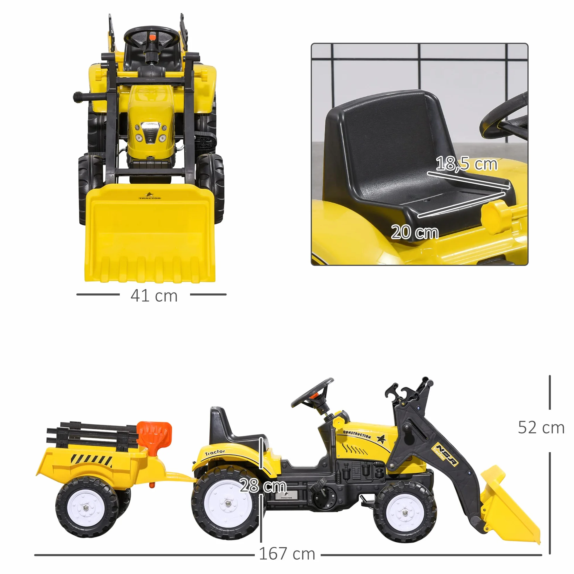 HOMCOM Tractor a Pedales para Niños de 3 Años Excavadora Infantil Juguete de Montar con Remolque Extraíble y Pala Delantera Carga 35 kg 167x41x52 cm Amarillo