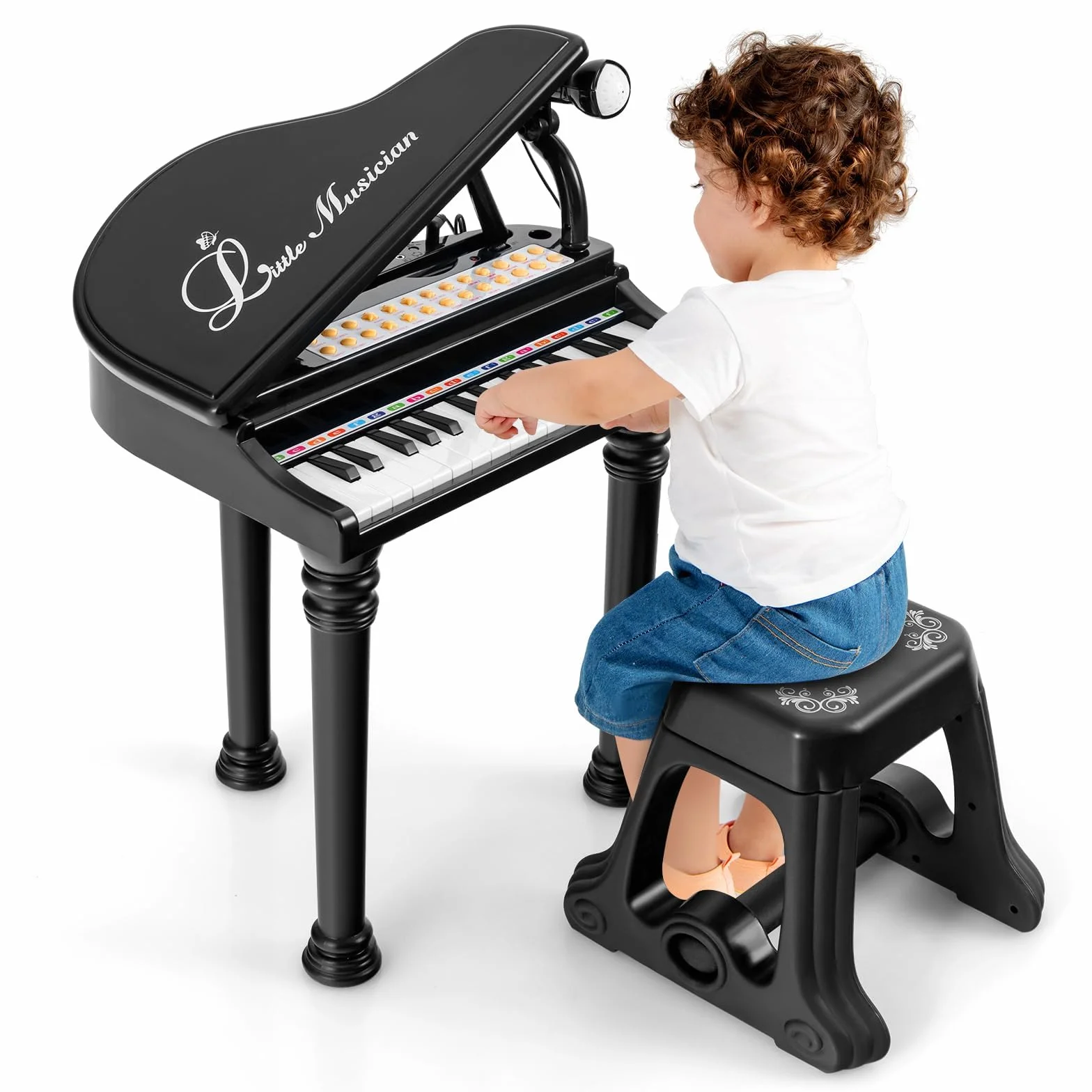RELAX4LIFE Piano para niños con 31 teclas y taburete, teclado piano electrónico con micrófono ajustable, juguete musical regalo para niños a partir de 3 años (negro)