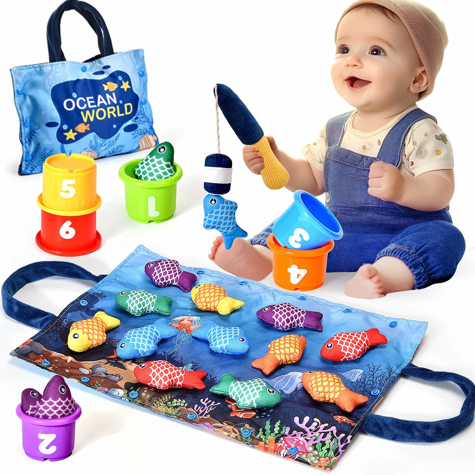 Juguetes Niños 1 Año Montessori, 20 Piezas Juego Pesca de Tela con Taza Apilables, Almacén Bolsa, Educativos Juguetes Bebes 6-12 Meses, Regalo Bebe 1 2 Año