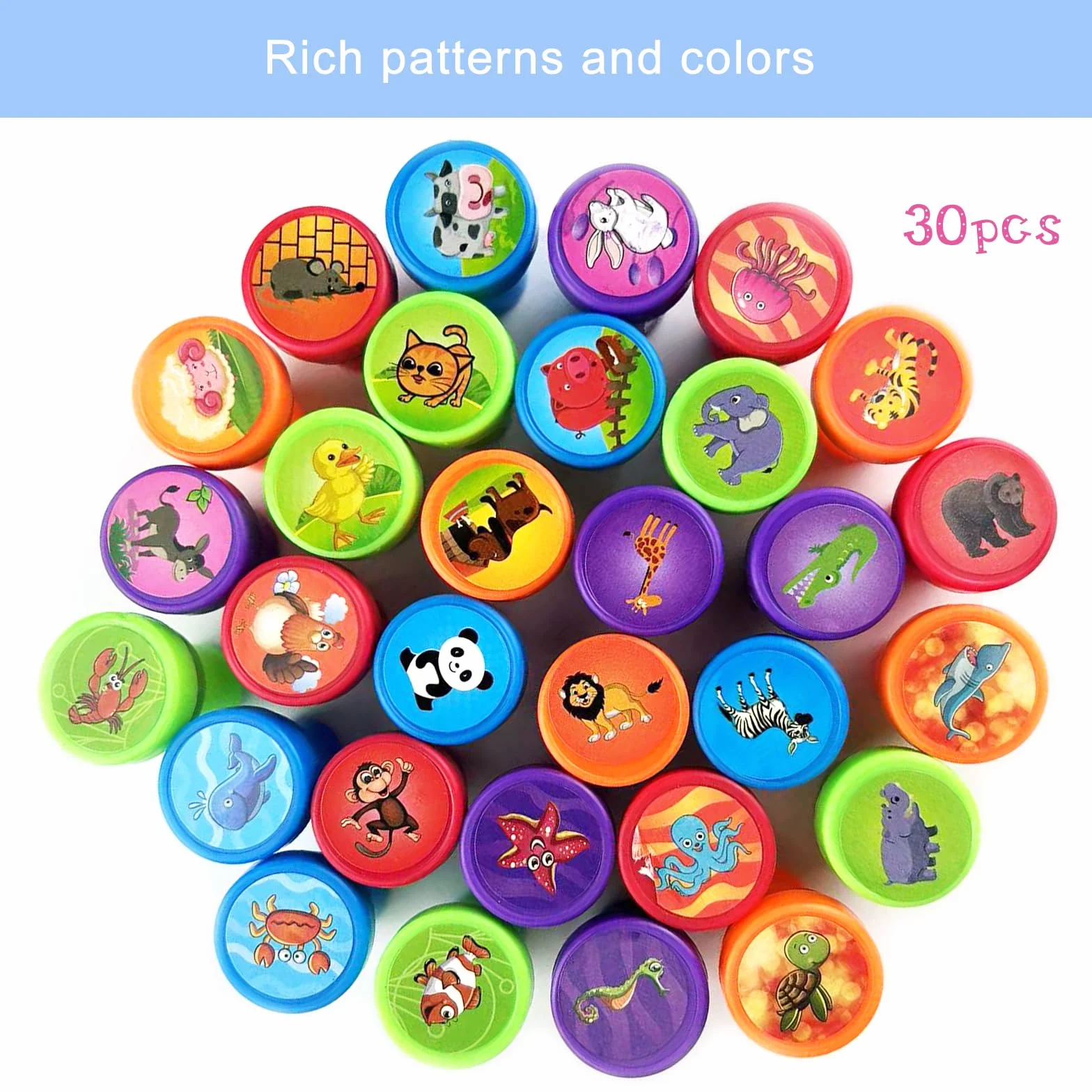 Nutabevr 30 Piezas 5 Colores Disponibles Animals Stamps Conjunto Sellos,Sellos infantiles colores,para Jugar sobre Papel Juguetes Artesanales, Fiesta Infantil Premios Escolares Regalo de Cumpleaños