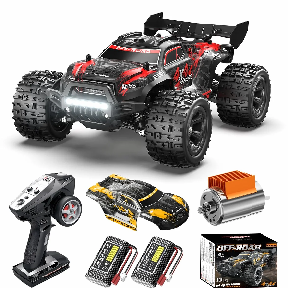 Coche teledirigido 4x4 Todoterreno 1:18 con Doble batería 1500 mAh, Velocidad 36 km/h, Dos carrocerías, con 2 carrocerías en Distintos Colores,Regalo Ideal para niños y Adultos