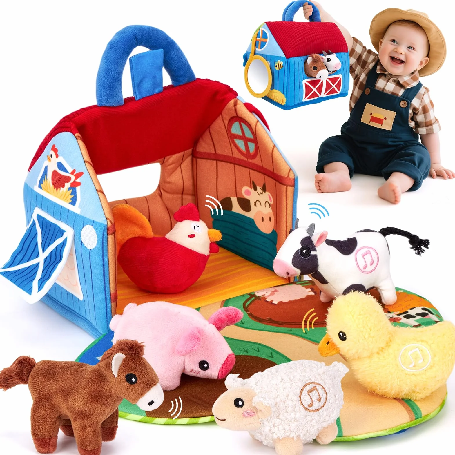 hahaland Juguetes Bebes 6-12 Meses - Granja de Peluche con 6 Animales Interactivo, Granero Plegable Blando - Montessori Juguetes Niños 1 año Regalo Bebe 6 12 18 Meses