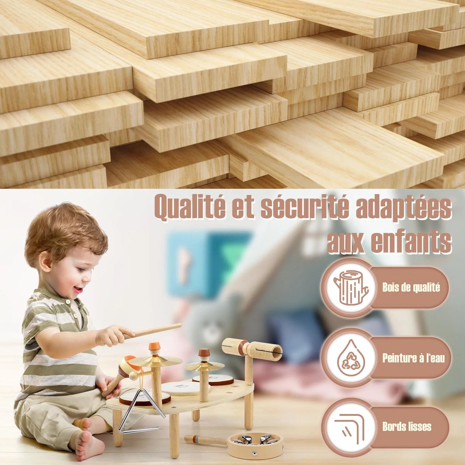 Vanplay Juguetes musicales para bebés de 1 año en adelante con 3 tambores y sonajero de cascabeles, tambor infantil juguete musical, juguete Montessori para niños y niñas a partir de 1 año