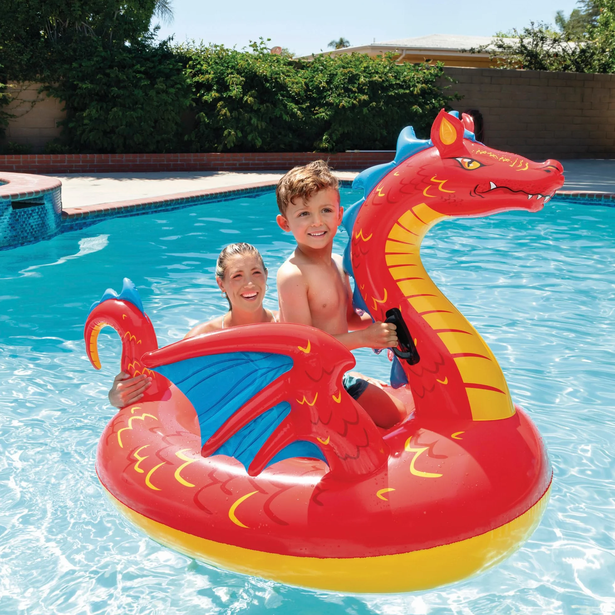 Intex, Flotador Hinchable, 198x173 cm, Diseño dragón, Incluye Parche reparación, Colchoneta con 2 Asas, con 2 cámaras de Aire, Colchonetas de Piscina, Hinchables Playa, Juguete Agua (57577)