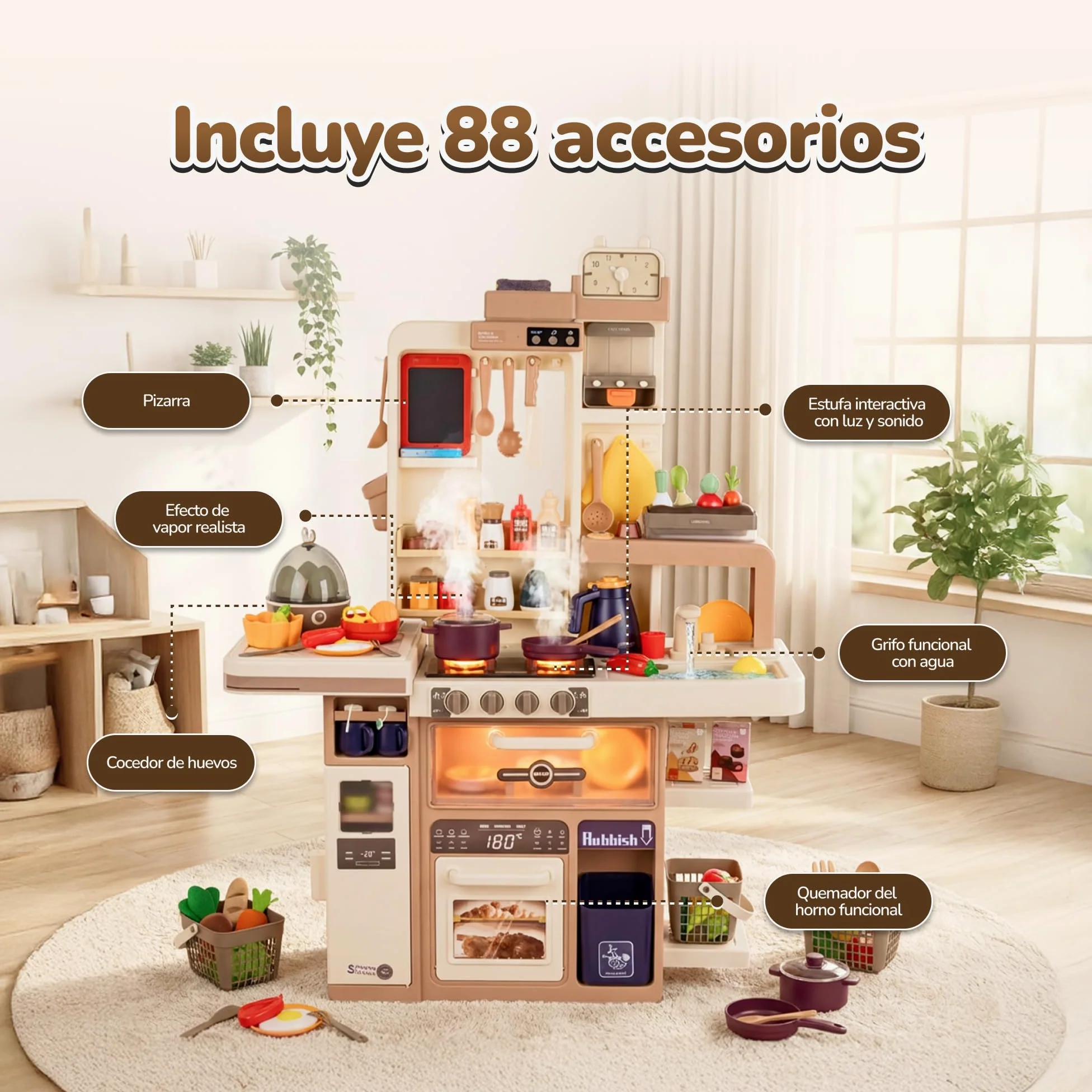 Cocina Infantil Grande con luz y Sonido – Juguete con Funciones Reales y Accesorios – Grifo, Vapor, Cocina de Huevos, Pizarra – para niños a Partir de 3 años