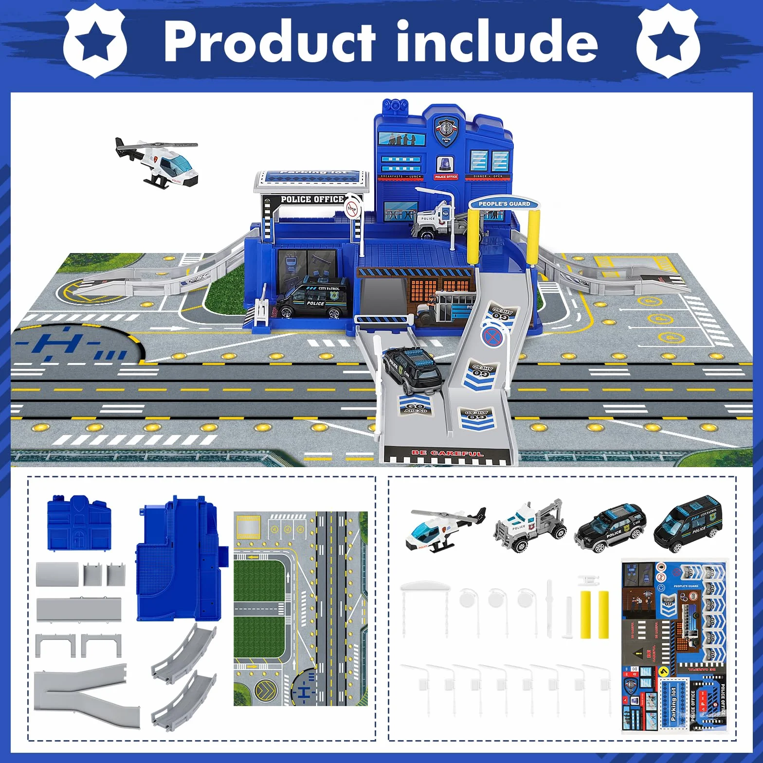 deAO City Estación de Bomberos, Departamento de Policía, Estación de Construcción, Base Militar, Helicóptero, Camión, Mapa, Regalo para Niños y Niñas de 6 Años (Azul)