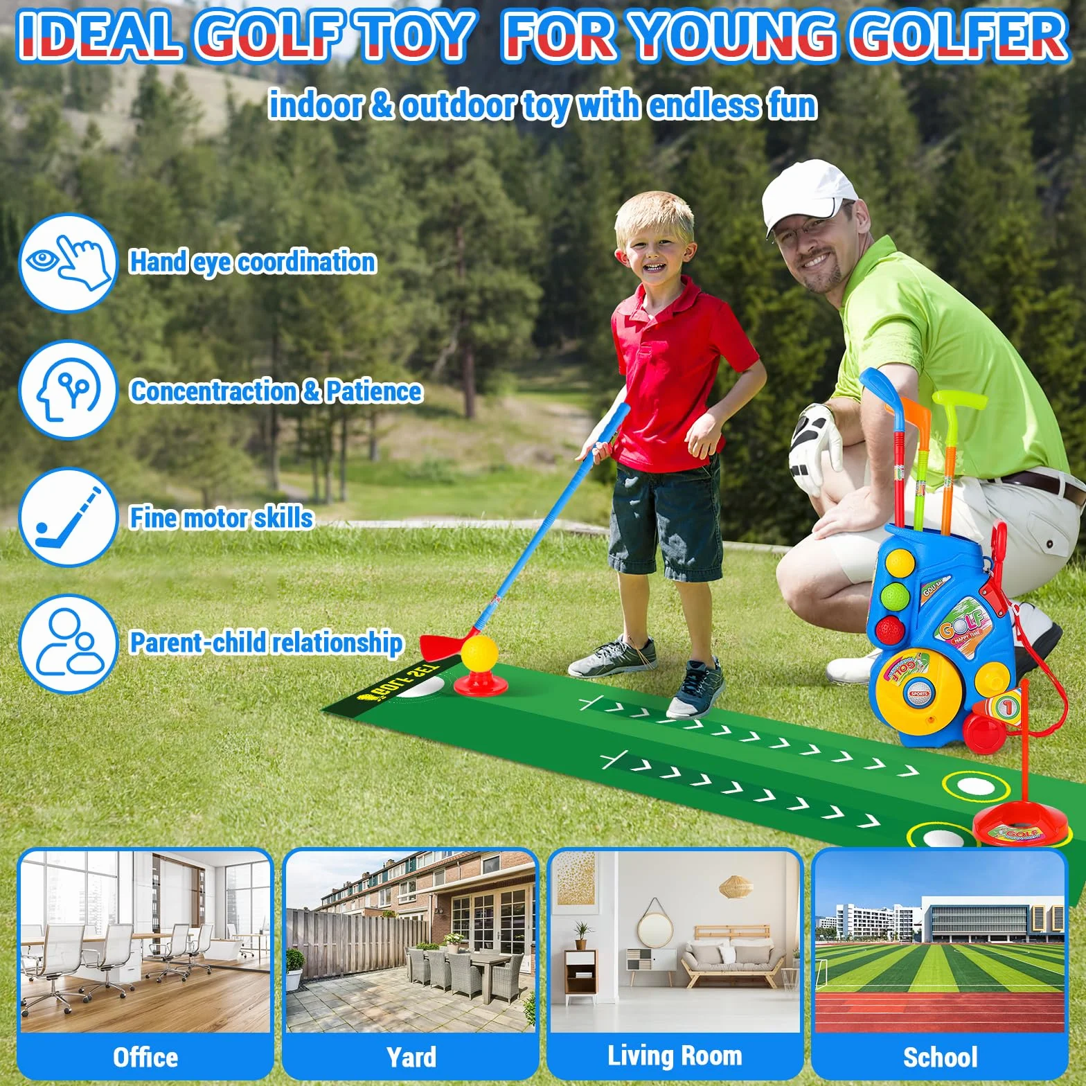 deAO Juego de Golf para Niños con Carrito Almacenamiento, 18 Pcs Golf Set, 4 Palos, 6 Pelotas, 2 Hoyos, Alfombrilla Putting - Juguetes Deportivos Interior Exterior Regalo Niñas Niños 3-6 Años (Azul)