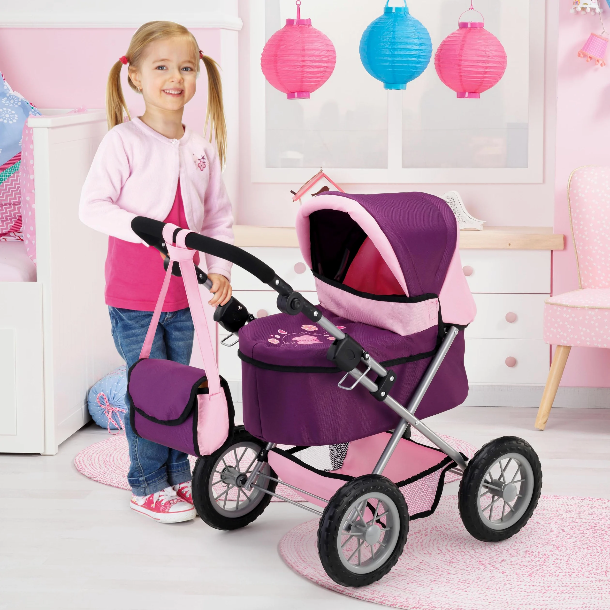 Bayer Design Cochecito de Muñecas Trendy, Bolsa, Ajustable, Plegable | rosa con mariposa