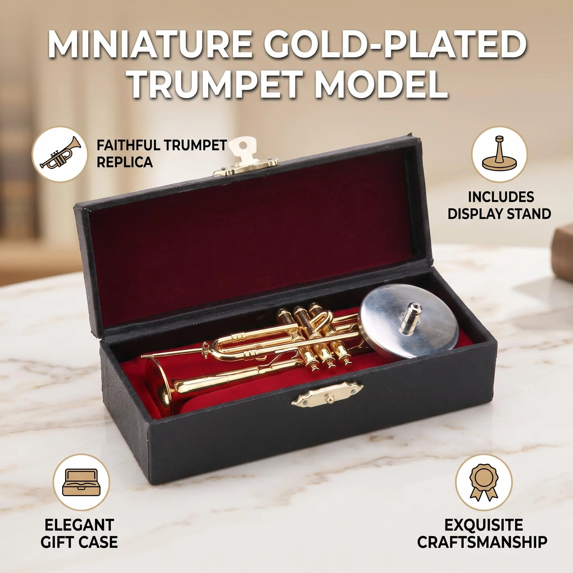 Trompeta Miniatura Réplica Mini Trompeta Caja Regalo Instrumento Musical Mini Modelo Instrumento Chapado Oro Adornos Musicales