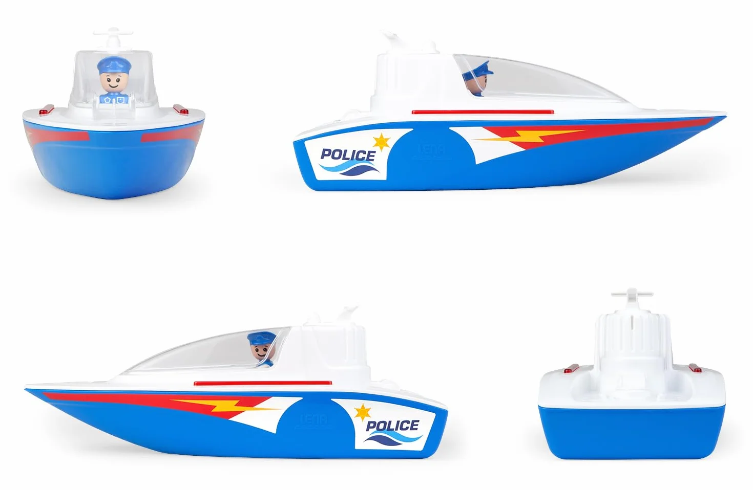 Lena - BOAZZ Barco de policía 36 cm, Barco de Juguete Apto para Interior y Exterior, para niños a Partir de 2 años, Cabina abatible, Dos Asientos y Figura de Juego