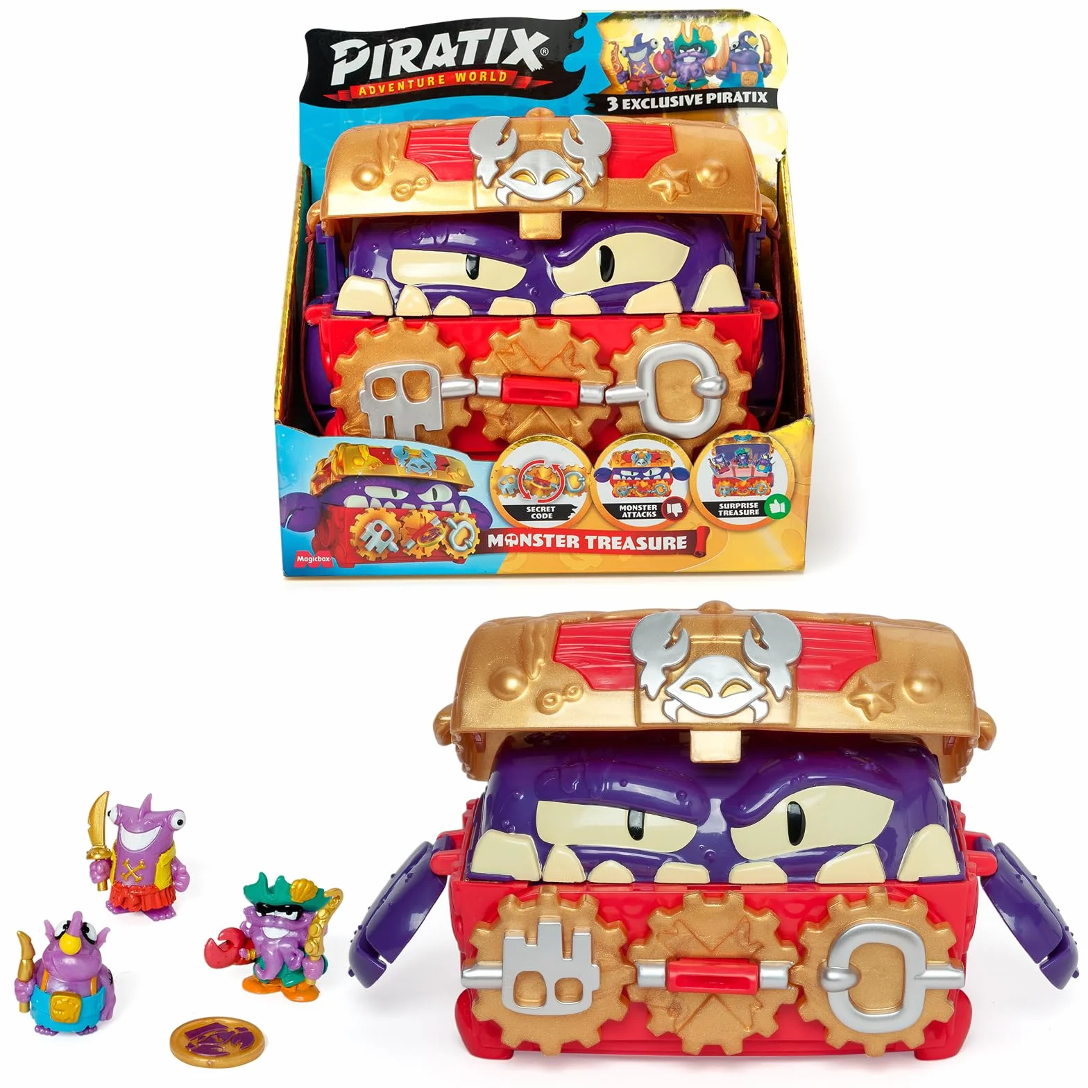 PIRATIX ADVENTURE WORLD Monster Treasure – Cofre del tesoro con un monstruo escondido en su interior. Incluye 1 cofre, 3 Piratix exclusivos, 1 tesoro exclusivo y 3 accesorios