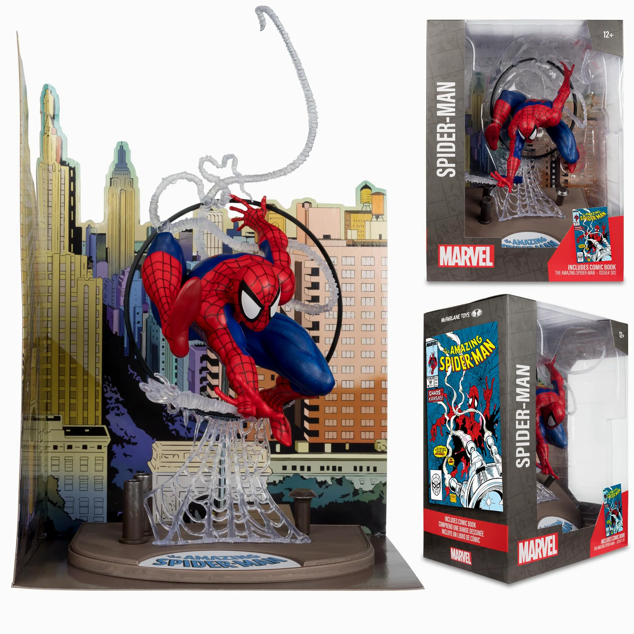 McFarlane Marvel Spider-Man Figura Posada a Escala 1:6 con Escena y cómic (basado en The Amazing Spider-Man #301) Juguetes | Escena de telón de fondo, cómic