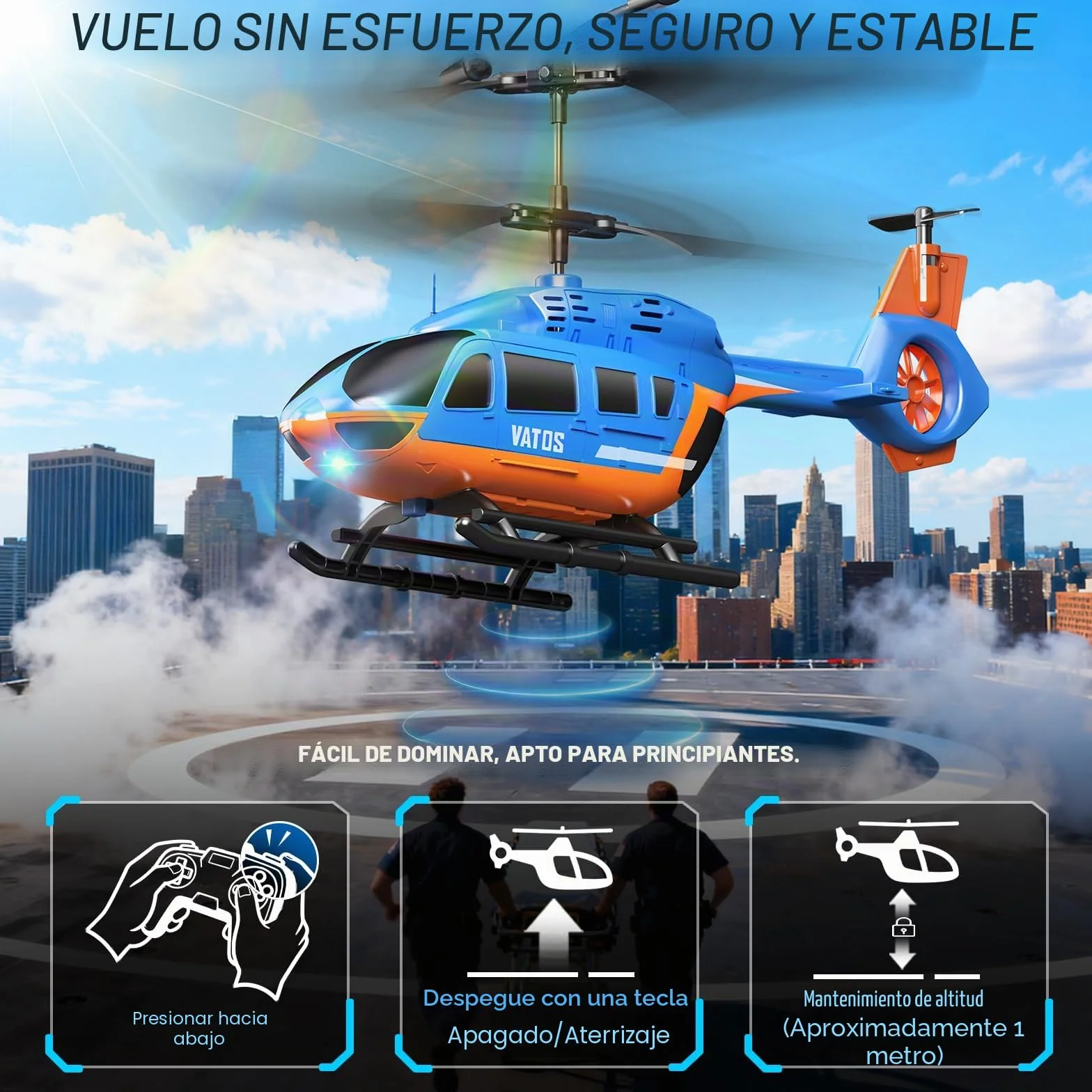 VATOS Helicóptero Teledirigido 2.4G con LED, Fácil de Volar, con Función de Mantenimiento de Altitud, Despegue con un Solo Botón y Aviso de Batería Baja. Ideal para Niños a Partir de 10 Años