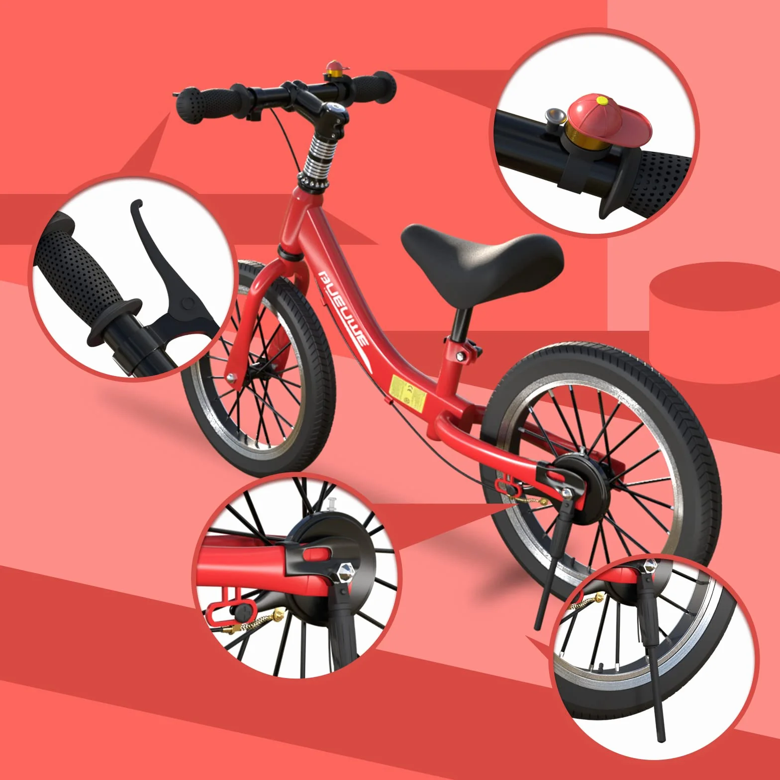 Bicicleta Sin Pedales con Freno de 2-6 años, Bici Equilibrio de 14 Pulgadas con Caballete y Timbre, Altura de Sillín Regulable, hasta 40kg, Juguetes pour Niña y Niños