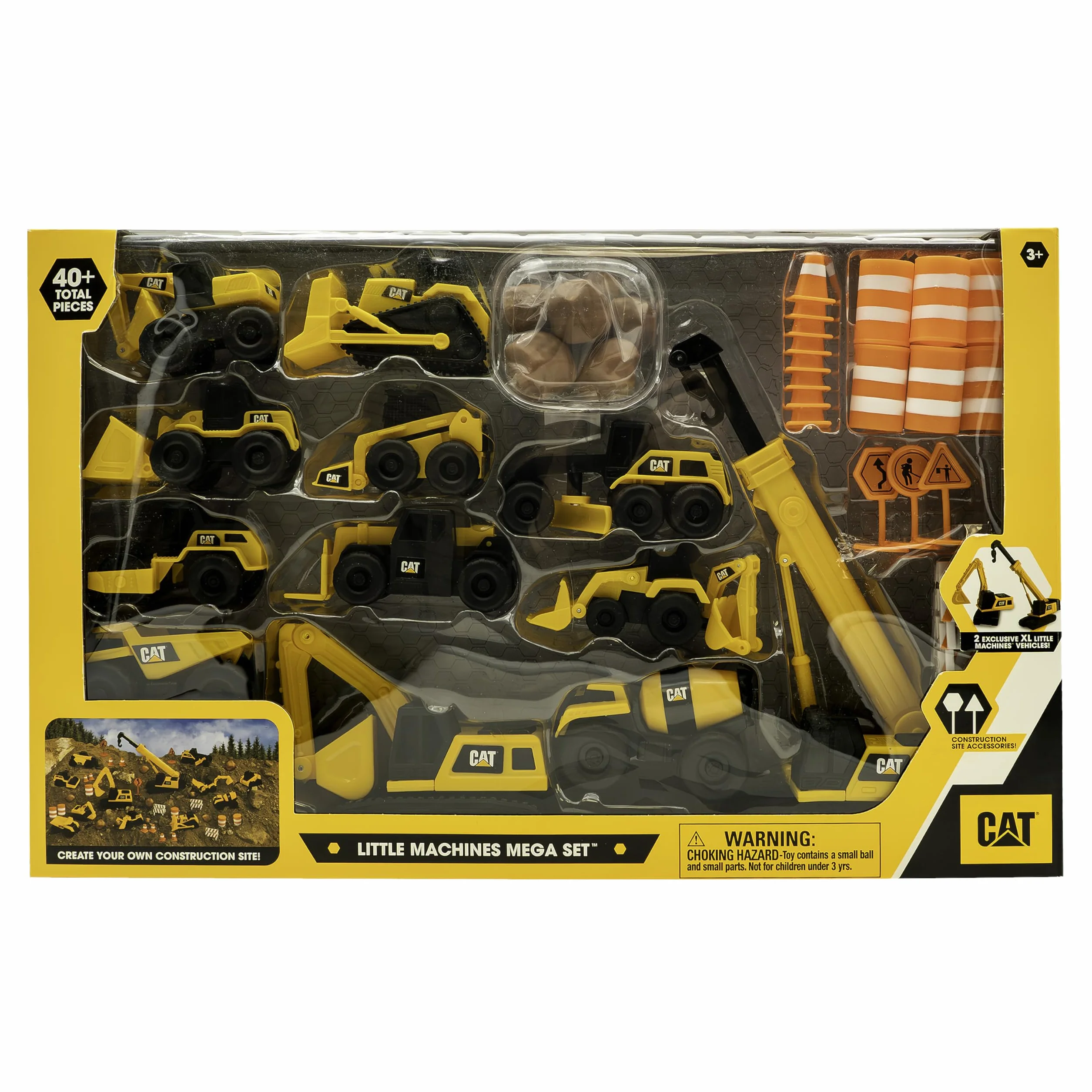 CAT Construction Toys, Little Machines Mega Set – 40+ Pieces with XL Crane & Excavator, 10 Mini Vehicles, Road Signs, Cones, Boulders & Barricades, Indoor/Outdoor STEM Toy for Kids Ages 3 +