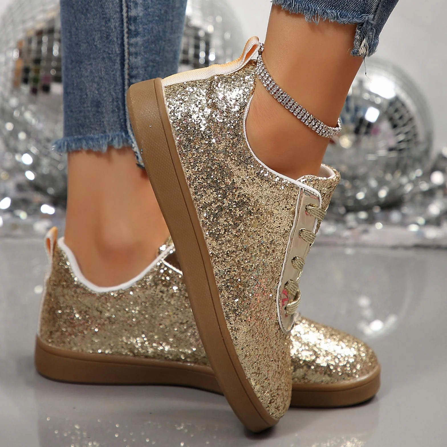 Zapatillas para mujer, zapatos planos con purpurina, transpirables, ligeros, con cordones