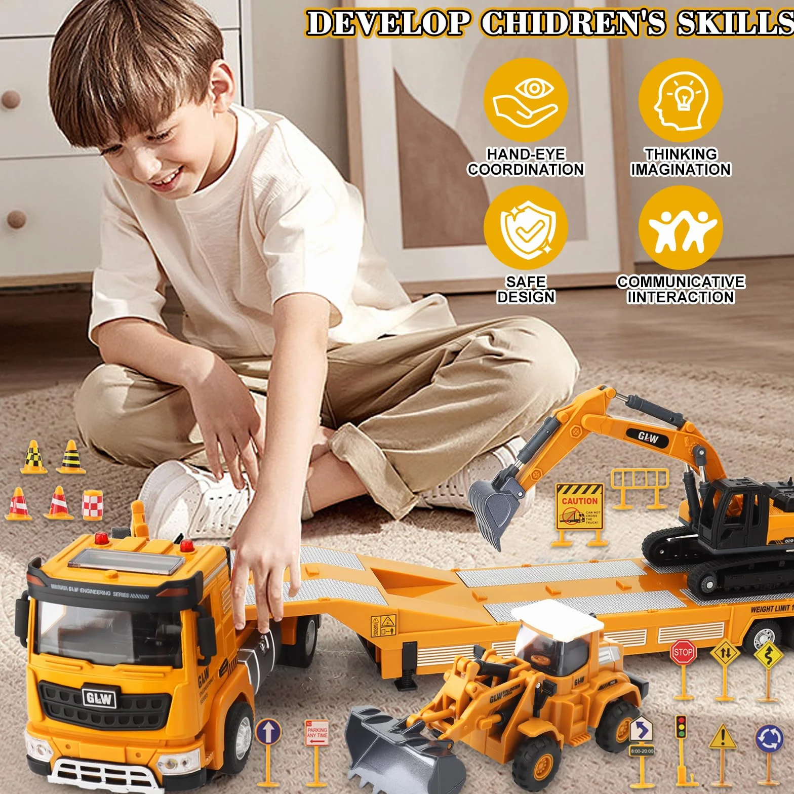 UCAMP Camion Transportador Coche de Juguete con Luces y Sonidos para Niños 3 4 5 6 7 Años, 1:40 Juguete Vehículos de Construcción con Excavadora Bulldozer, Juguetes Regalo de Cumpleaños Navidad